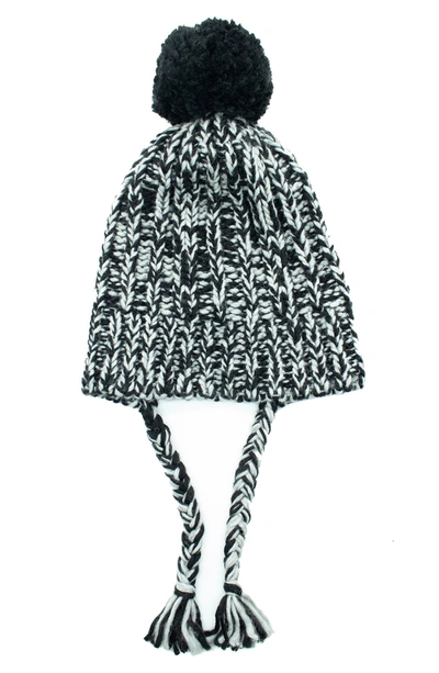 Portolano Knit Earflap Pompom Beanie In Black/ Grey