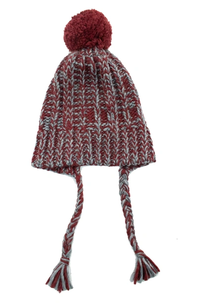 Portolano Knit Earflap Pompom Beanie In Bordeaux/ Dark Grey