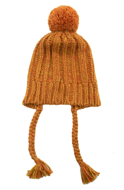 Portolano Knit Earflap Pompom Beanie In Rust/ Mustard