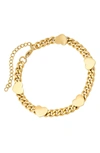 HMY JEWELRY 18K YELLOW GOLD PLATED STAINLESS STEEL HEART STATION CURB CHAIN BRACELET