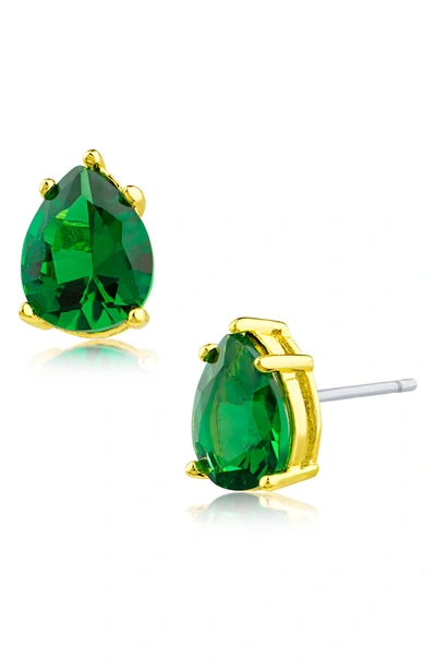 Cz By Kenneth Jay Lane Green Cz Pear Stud Earrings In Emerald/ Gold