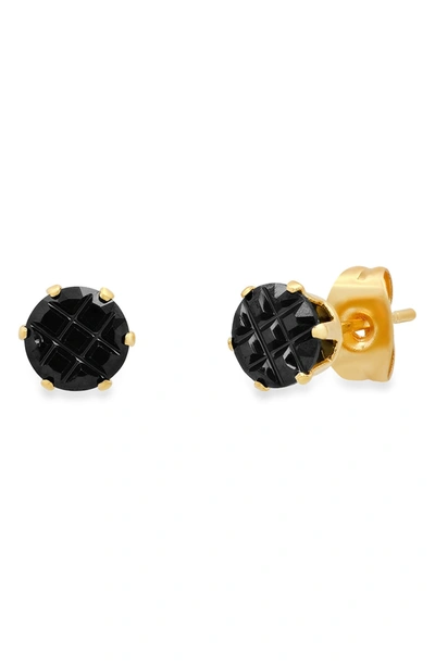 Hmy Jewelry 18k Gold Plated Stainless Steel Black Simulated Diamond 6mm Stud Earrings In Yellow