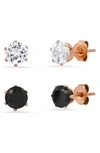 HMY JEWELRY 18K ROSE GOLD PLATED STAINLESS STEEL WHITE & BLACK SIMULATED DIAMOND STUD EARRINGS SET