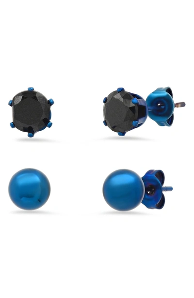 Hmy Jewelry Blue Ip Stainless Steel Ball & Black Simulated Diamond Stud Earrings Set