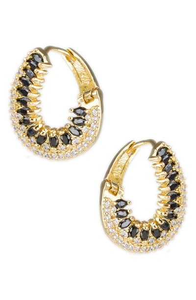 Cz By Kenneth Jay Lane Black Marquise Cz & White Pave Cz Hoop Earrings In Black/gold
