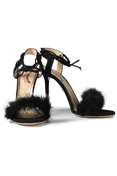 Charlotte Olympia Salsa 110 Feather-trimmed Suede Sandals In Black