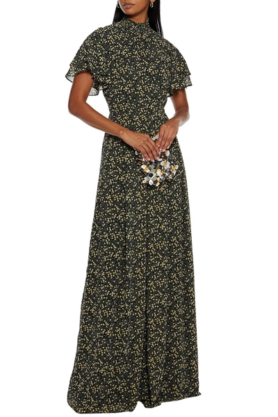 Mikael Aghal Shirred Floral-print Crepe De Chine Maxi Dress In Black