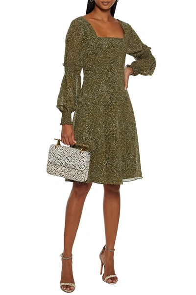 Mikael Aghal Shirred Printed Crepe De Chine Dress In Army Green
