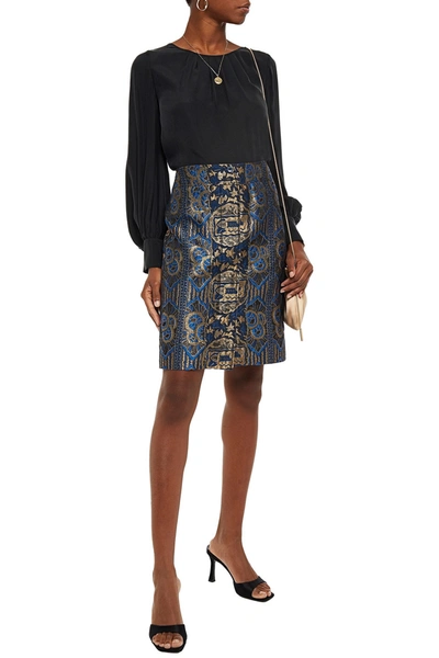 Etro Button-detailed Silk-blend Jacquard Skirt In Royal Blue