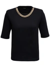 LIU •JO BLACK COTTON T-SHIRT WITH CHAIN DETAIL,CF1108J613622222