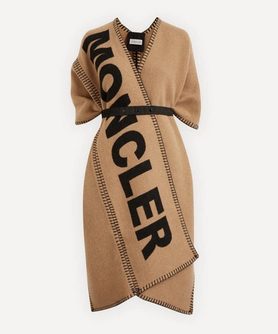 Moncler Wool Logo Poncho In Camel
