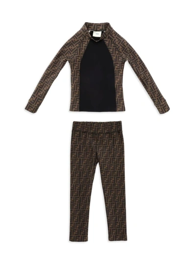 Fendi Little Kid's & Kid's 2-piece Logo Print Top & Leggings Ski Set In Brown Black