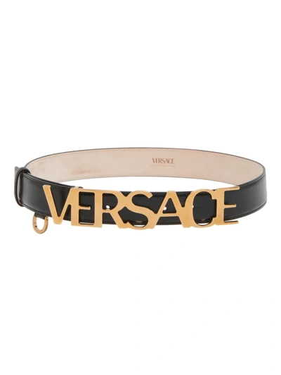 Versace Women's  Logo Leather Belt In Black  Gold