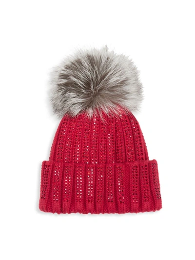 Adrienne Landau Crystal-embellished Rib Knit Hat With Fox Fur Pom In Red