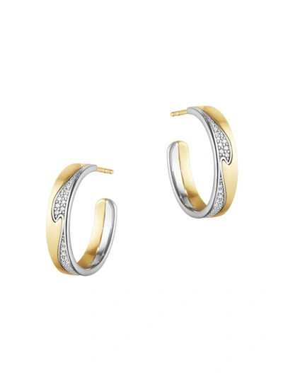 Georg Jensen 18k White & Yellow Gold Fusion Diamond Wavy Hoop Earrings In White/gold, 0.21 Ct. T.w.