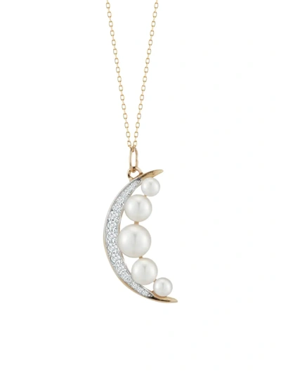 Mateo Women's 14k Yellow Gold, 3-6mm Cultured Pearl & Diamond Crescent Moon Pendant Necklace