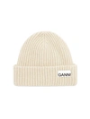 Ganni Logo-patch Ribbed-knit Beanie In Brazilian Sand