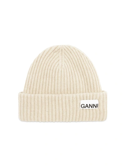Ganni Logo-patch Ribbed-knit Beanie In Beige
