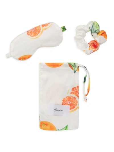 Averie Sleep Women's Traveling Tuscany Paloma Orange & Grapefruits Scrunchie And Mask Set In White