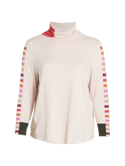 Nic + Zoe, Plus Size Stripes Aside Turtleneck Sweater In Pink Multi