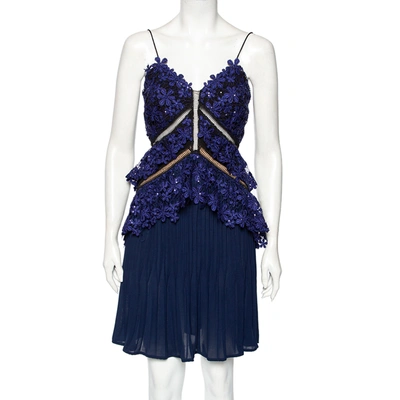 Pre-owned Self-portrait Blue Chiffon And Embellished Guipure Lace Overlay Short Pleated Dress S