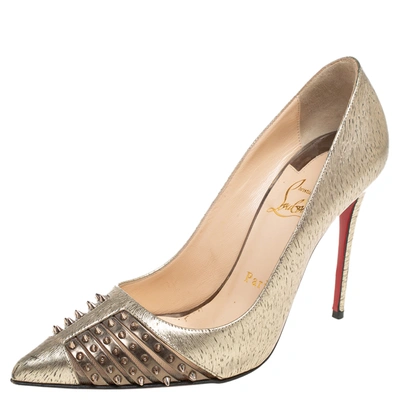 Pre-owned Christian Louboutin Gold Textured Leather Spike Bareta Pumps Size 36