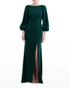 Dessy Collection Blouson-sleeve Open Tie-back Crepe Gown In Evergreen