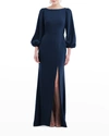 DESSY COLLECTION BLOUSON-SLEEVE OPEN TIE-BACK CREPE GOWN,PROD246000124