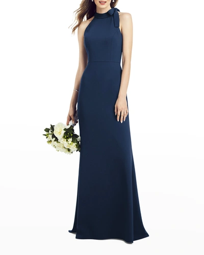 After Six Spaghetti Strap V-back Crepe Gown With Front Slit In Blue