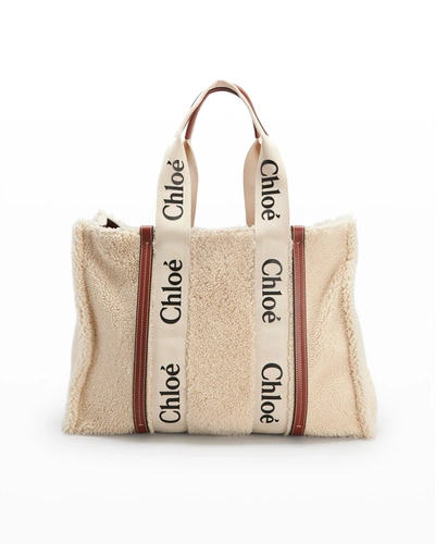 Chloé Woody Shearling & Leather East-west Tote Bag In Mild Beige