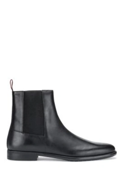 Hugo Boss Chelsea Boots In Polished Leather With Embossed Logo- Black Men's Boots Size 8.5 In Black