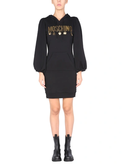 Moschino Charms Motif Logo-print Hoodie Dress In Black