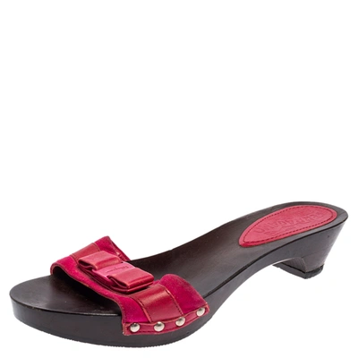 Pre-owned Ferragamo Magenta Suede And Leather Vara Bow Slide Sandals Size 36 In Pink