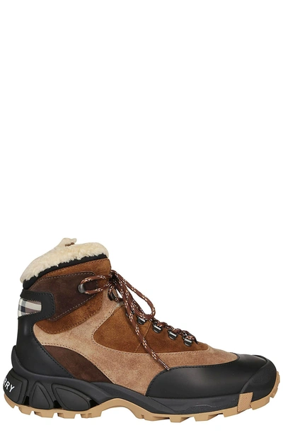 Burberry Men's Mix-leather Shearling-lined Winter Boots In Brown