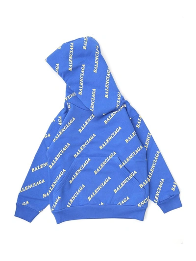 Balenciaga Kids Logo Allover Printed Hoodie In Blue