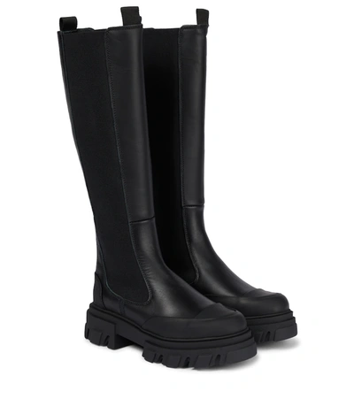 Ganni Leather Knee-high Boots In Black
