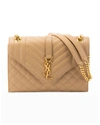 Saint Laurent Medium Tri-quilted Matelasse Grain De Poudre Flap Shoulder Bag, Golden Hardware In Beige