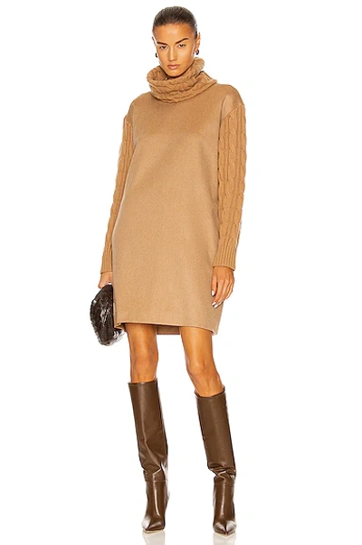 Max Mara Vignola Cable Knit Long Sleeve Camel Hair Dress With Removable Scarf Collar