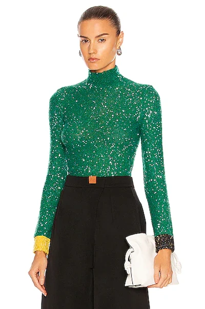 Loewe Contrast Cuff Sequinned High-neck Sweater In Green