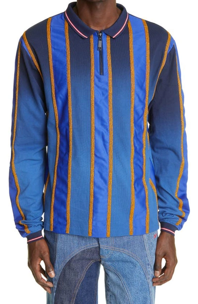 Ahluwalia Deep Sea Beaded Long Sleeve Organic Cotton Polo In Navy/ Blue
