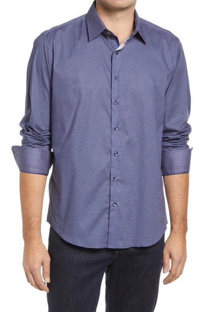 Stone Rose Geometric Print Stretch Button-up Shirt In Blue