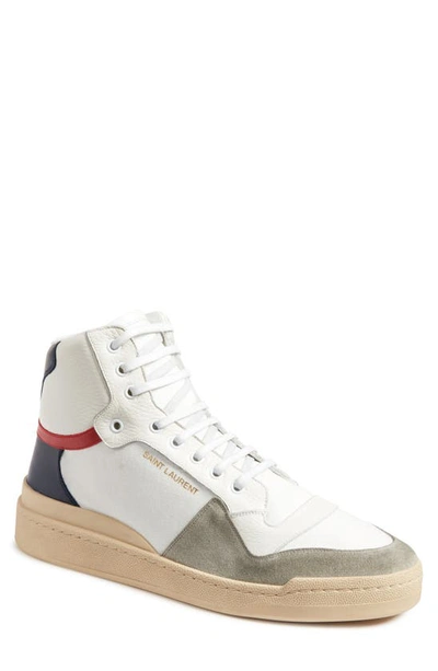 Saint Laurent Sl24 Logo-print High-top Leather Trainers In Bianco
