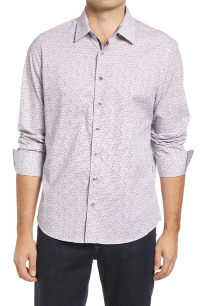 Stone Rose Wine Glass Print Stretch Button-up Shirt In White