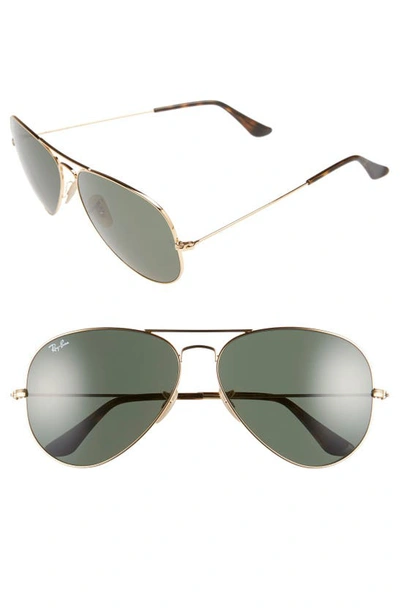 Ray Ban 62mm Aviator Sunglasses In Gold/ Dark Green