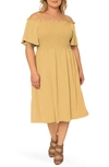 Standards & Practices Gabi Cold Shoulder Smocked Midi Dress In Pale Banana