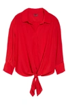 Vince Camuto Tie Front Button-up Matte Satin Blouse In Red