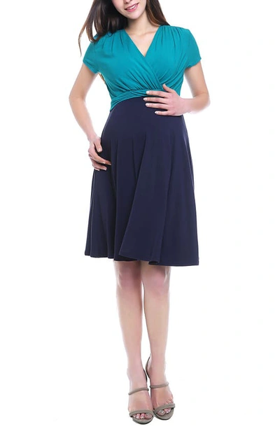 Kimi And Kai Sarah Faux Wrap Maternity/nursing Dress In Navy/ Teal