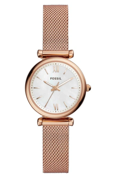 Fossil Women's Mini Carlie Rose Gold-tone Stainless Steel Mesh Bracelet Watch 28mm