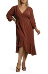 Standards & Practices Kelsie Ruched Sleeve Ruffle Midi Dress In Brownie