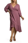 Standards & Practices Kelsie Ruched Sleeve Ruffle Midi Dress In Deep Mauve